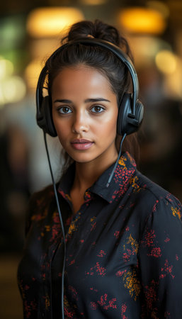 Dedicated customer support agent in a headset, assisting clients in a professional environment.の素材