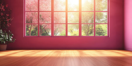 Cozy purple interior space with sunlight streaming through, wooden floors, and blooming trees view.の素材