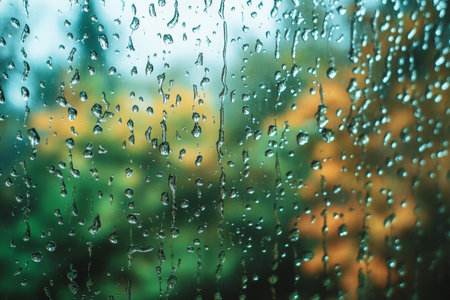 Raindrops on a Windowpane Create an Abstract View of Autumn Colors and Silhouetted Trees Outdoorsの素材