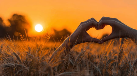 Golden Wheat Field Embracing Love Sunset Landscape with Heart-Shaped Hands and Nature s Beautyの素材