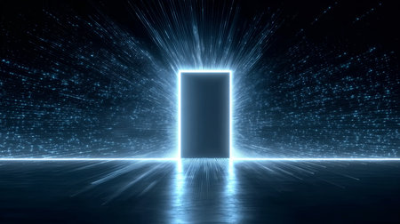 Futuristic Illuminated Rectangular Gateway on Digital Background Representing Connectivity and Techの素材