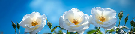 Ethereal White Roses Blooming in Sunlight, Petals Displaying Tender Beauty Against a Blue Skyの素材