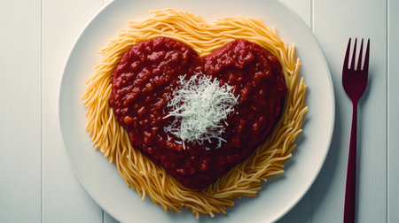 Delicious Romantic Italian Pasta Dish with Heart-Shaped Noodles and Marinara Sauce on White Tableの素材