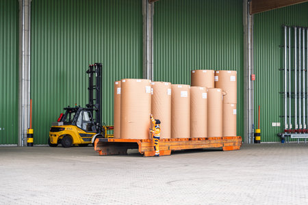 Worker Securing Large Paper Rolls on a Flatbed Trailer in a Warehouse Setting, Industry