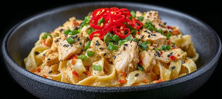 Delicious Chicken Noodle Dish Garnished with Red Chiles and Green Onions in Dark Stone Bowlの素材