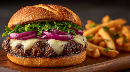 Succulent gourmet beef burger topped with melted cheese, crispy red onions, and fresh garnishesの素材