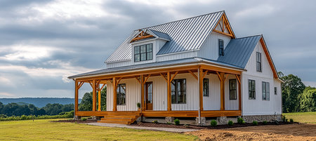 Stunning New Farmhouse Design Featuring a Wraparound Porch, Metal Roof, and Countryside Viewsの素材