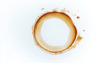 Isolated coffee ring stain patterns in various brown circles on a textured dirty background surface.の素材