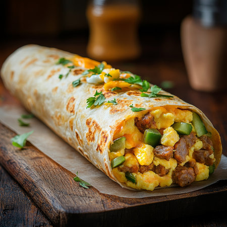 Tasty Breakfast Burrito Loaded with Scrambled Eggs, Cheese, Sausage, and Colorful Peppers to Enjoyの素材