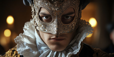 The Enigmatic Elegance of a Man in a Grand Venetian Mask Surrounded by Dramatic Bright Lightingの素材