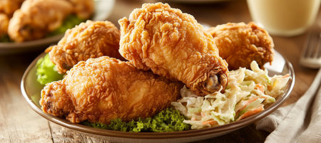 Savory Crispy Fried Chicken Plated with Creamy Coleslaw, A Perfect Comfort Food for Any Gatheringの素材