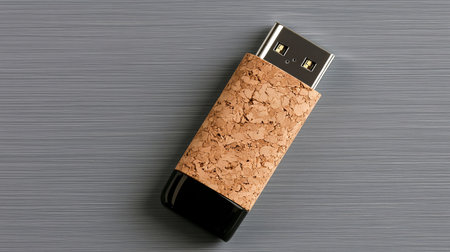Close-up Presentation of Compact USB Storage Wrapped in Protective Cork Texture on Gray Backgroundの素材