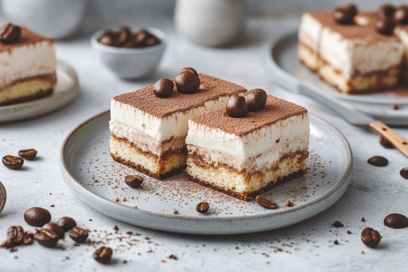 Decadent Tiramisu Dessert with Layers of Coffee-soaked Ladyfingers and Creamy Mascarpone Toppingの素材
