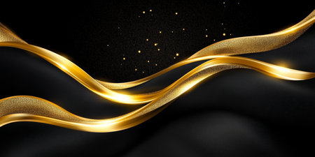 Abstract Luxury Golden Ribbons Gracefully Flowing Across Deep Black Waves in a Modern Art Designの素材