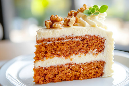 Deliciously Moist Carrot Cake Slice Topped with Cream Cheese Frosting and Crunchy Walnut Piecesの素材
