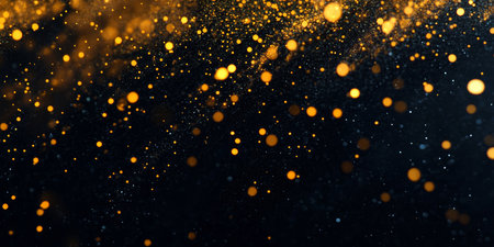 Black backdrop with shimmering golden glitters, ideal for festive Christmas poster designs.の素材