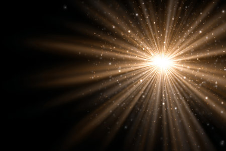 Radiant Gold Light Burst with Bright Beam Rays and Sparkling Particles Illuminating the Sceneの素材