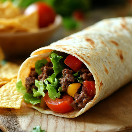 Delicious Beef Burrito with Fresh Salsa, Lettuce, Chips, and a Refreshing Drink on the Sideの素材