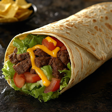 Savory Steak Wrap with Fresh Vegetables and Hearty Seasoned Filling for Irresistible Flavorの素材