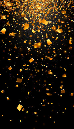 Golden Confetti Shower on Black Backdrop, Ideal for Celebrations, Parties, and Festive Eventsの素材