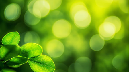 Tranquil Summer Scene with Soft Sunlight through Lush Green Leaves and Beautiful Bokeh Effectsの素材
