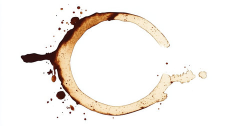 Coffee Cup Stain Ring Isolated on White Background, Beverage Residue Splatter, Wet Circle Shapeの素材