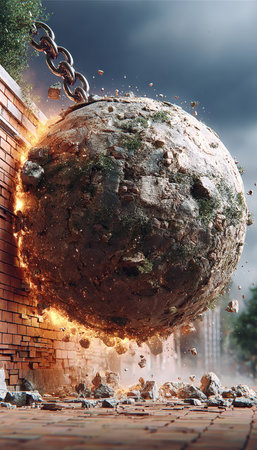 Wrecking ball crashes through a brick wall, symbolizing destruction and transformation.の素材