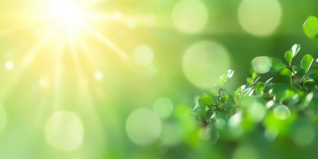 Beautiful Natural Bokeh Background with Sunshine Filtering Through Green Leaves, Tranquil and Sereneの素材