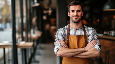 Smiling Business Owner in a Modern Cafe, Showcasing Professional Service and Stylish Apronの素材