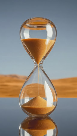 Transparent Hourglass on Reflective Surface Shows the Passage of Time with Falling Sands and Grainsの素材