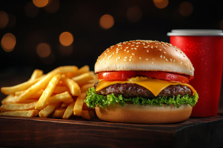 Mouthwatering burger with sesame seed bun, crispy fries, and a refreshing drink on a rustic table.の素材