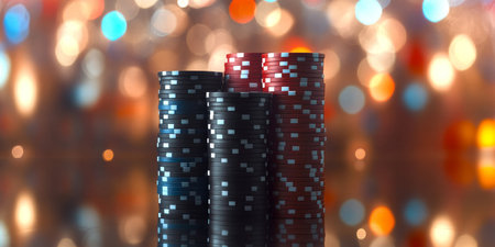 Vibrant Multicolored Poker Chips Stacked High Amid Shimmering Bokeh Lights for Casino Excitementの素材