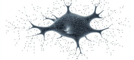 Detailed Neuron Illustration with Nerve Cell Connectivity on a Low Poly Neural Network Background.の素材