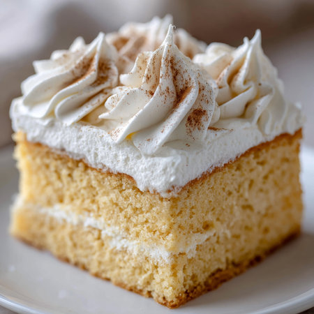 Deliciously Moist Tres Leches Cake Slice Captured with Layers, Creamy Topping, and Cinnamon Dustingの素材