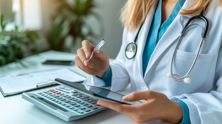 Healthcare professional analyzes patient treatment costs with tablet and calculator in office.の素材