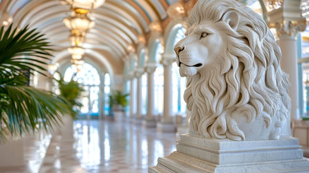 An Ornate Indoor Scene Featuring Exquisite Architectural Designs and a Grand White Lion Sculptureの素材