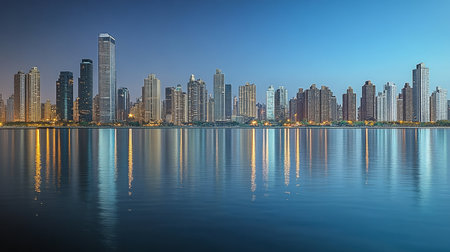 Stunning Nighttime Cityscape with Reflections on Water, Showcasing Modern Architecture and Lightsの素材