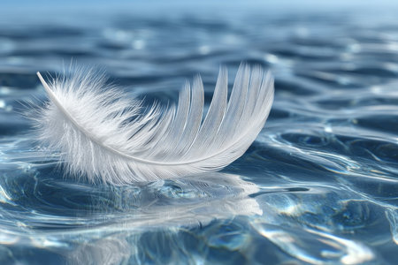 Crisp Feather Floating Gracefully on Calm Water Surface, Reflecting Serenity and Natural Beautyの素材