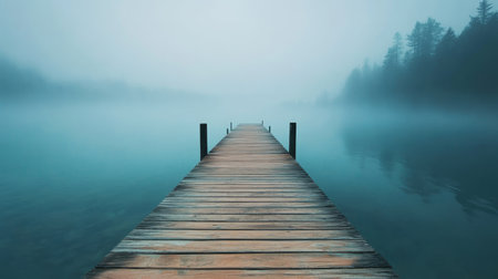 Serene Wooden Footbridge Leading To A Tranquil Lake Surrounded By Lush Forest On A Foggy Morningの素材