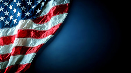 Patriotic Banner Featuring Waving American Flag Emblem Against Abstract Navy Background Designの素材