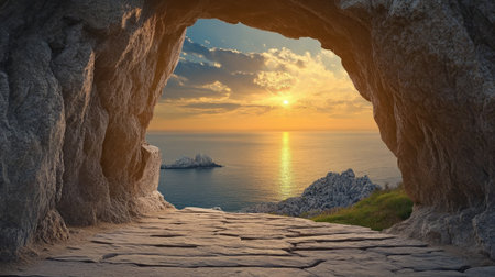 Stunning Sunset Over Ocean Waters with Rock Arch Framing Vibrant Colors and Reflections in Skyの素材