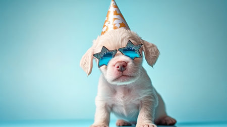 Adorable festive puppy wearing a fun party hat and star-shaped sunglasses on a vibrant blue surfaceの素材