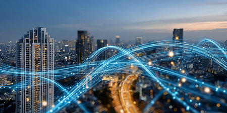 Twilight skyline of a futuristic metropolis with advanced network infrastructure and connectivity.の素材