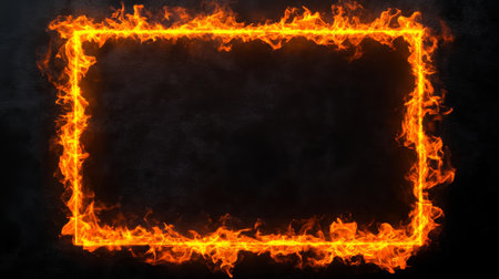 Burning Rectangular Signboard with Fiery Portal and Decorative Sparks on a Black Backgroundの素材