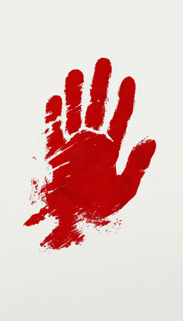 Striking Red Handprint on Pristine White Background, Symbolizing Human Connection and Identityの素材