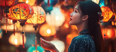 Asian Woman with Ponytail Enjoying Colorful Lanterns and Lights in Festive Street Celebration.の素材