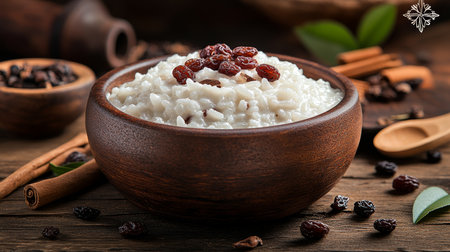 Delightful Rice Pudding in a Rustic Bowl, Creamy Sweetness Topped with Cinnamon and Fruit Garnishの素材