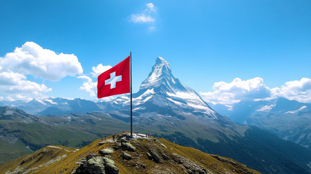 Stunning View of Switzerland s Zermatt Resort with Majestic Mountains and Clear Blue Skyの素材