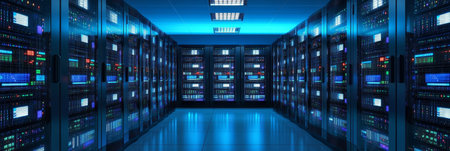 Illuminated High-Tech Data Center Featuring Rows of Blue Neon Rack Cabinets and Advanced Technologyの素材
