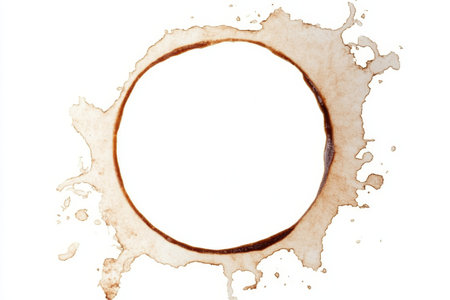 Isolated Circular Coffee Beverage Ring Stain on White Background, Grunge Texture, Round Smear Detailの素材